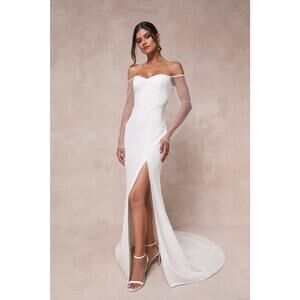 NWT Lulus Eternally Beloved White Mesh Off-the-Shoulder Pearl Maxi Dress Size M